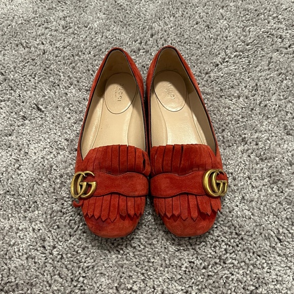 Gucci Red Suede Loafers with Gold Accent - Picture 1 of 7